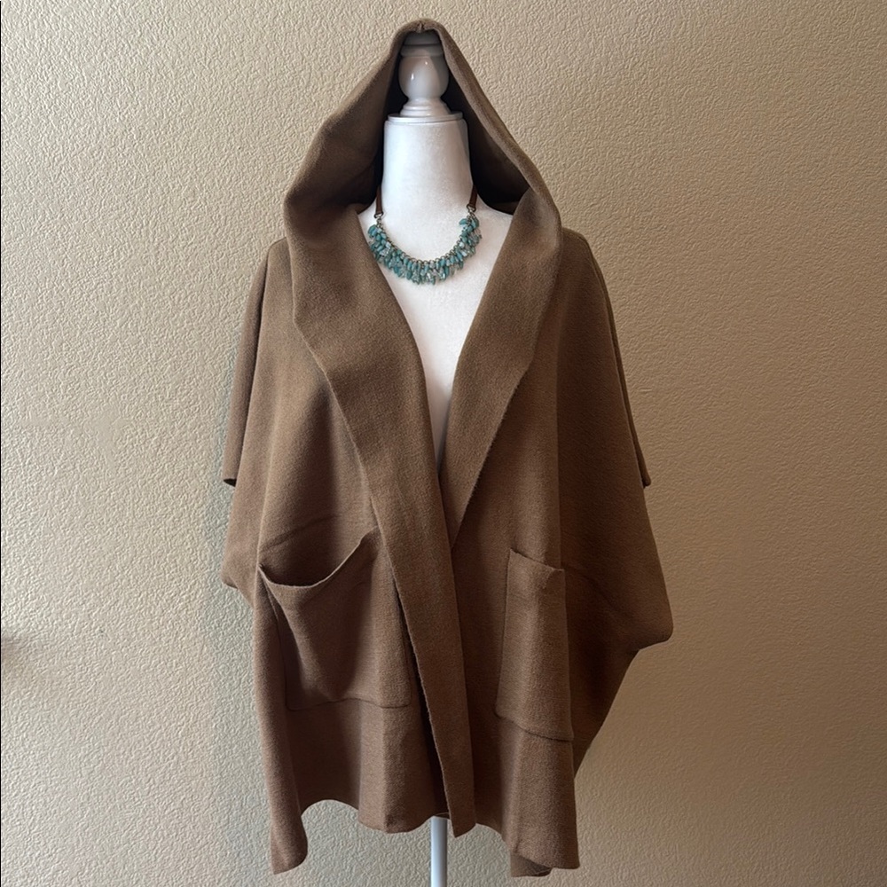 Hooded Open-Front Poncho Shrug in Brown